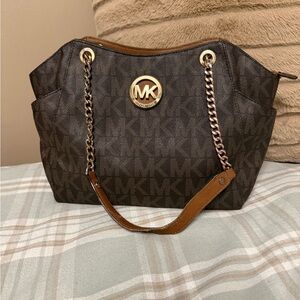 Michael Kors Dark Brown Shoulder Bag with Gold Accents
